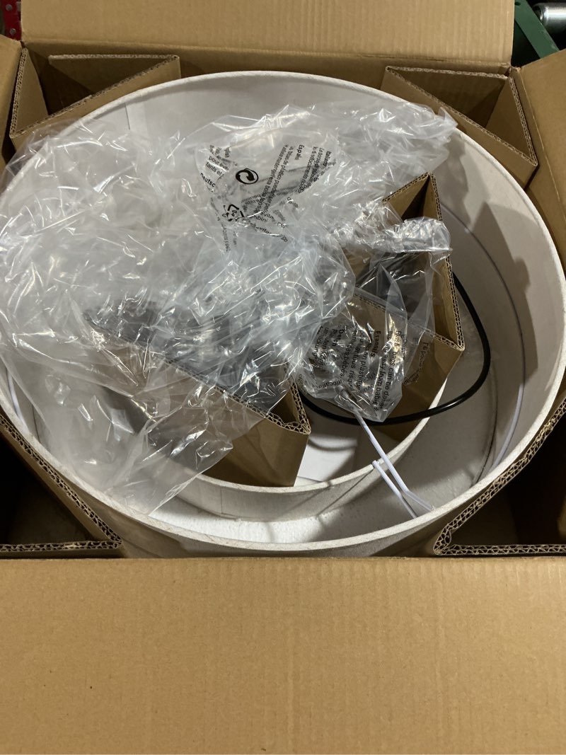 Condition photo showing As Is for Linen Drum Pendant Light, 18” Double Drum Dining Room Light Fixture with Linen Lampshade, 3-Light Drum Chandeliers for Dining Room E26 Bulb Base Beige