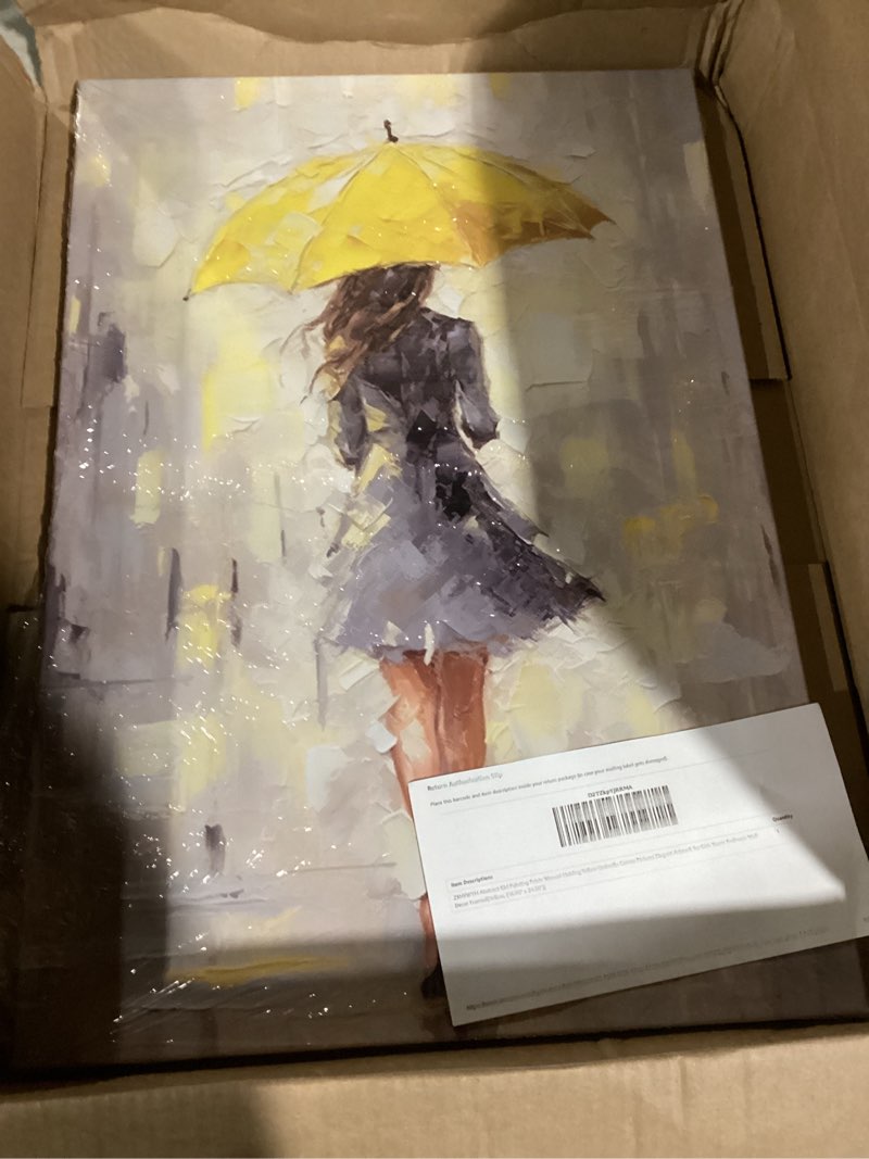 Condition photo showing As Is for ZXHYWYM Abstract Girl Painting Prints Woman Holding Yellow Umbrella Canvas Pictures Elegant Artwork for Girls Room Bedroom Wall Decor Framed(Yellow, (12.00" x 18.00")) Yellow 18"L x 12"W