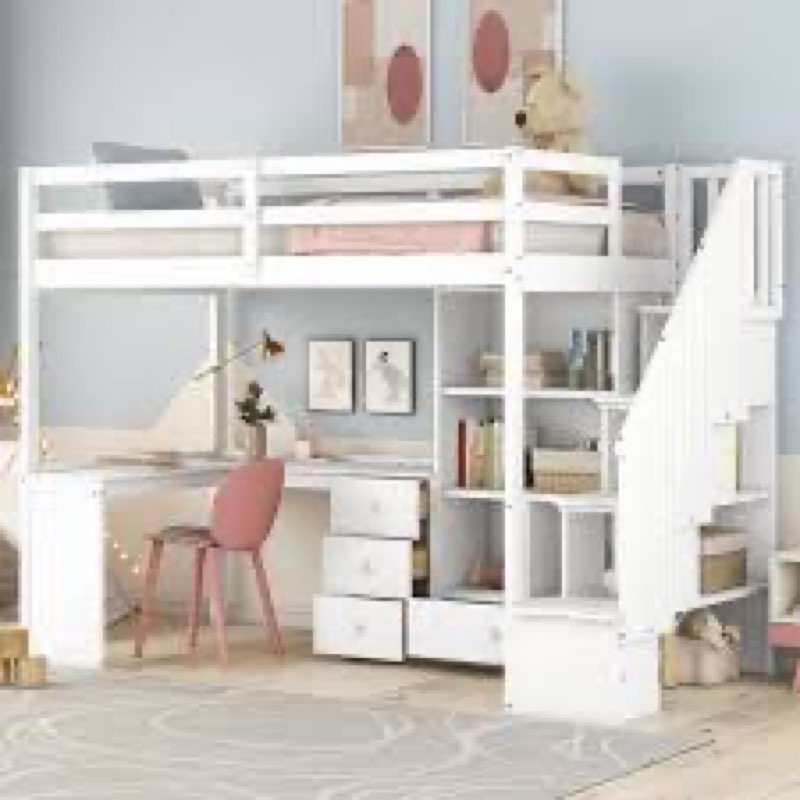 (INCOMPLETE BOX 1/3)Twin Loft Bed w/ L-Shaped Desk & Drawers, White