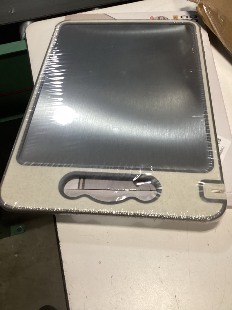 Condition photo showing New/Like New for Double Sided Metal Cutting Board Titanium 14.3"x9.8" - GR1 Titanium Cutting Board with Sharpener for Knife for Meat & Wheat Straw + PP for Fruits - Non-Slip, Built-in Garlic Grater & Juice Grooves Titanium Double-Sided
