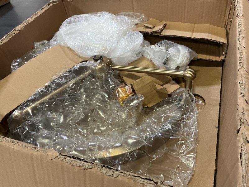 Condition photo showing As Is for kichler, eastmont 3 light chandelier with clear glass in brushed natural brass, 52402 17.25" h 23.25" w brushed brass