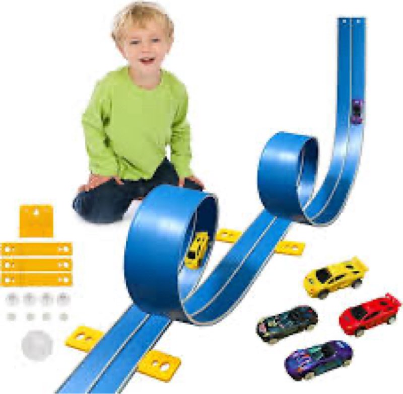 15 ft flexible race car track, portable dual-sided race car track with 4 cars & suction cups, compatible with hot wheels & 1/64 diecast cars, kids’ car ramp & race track (blue l)