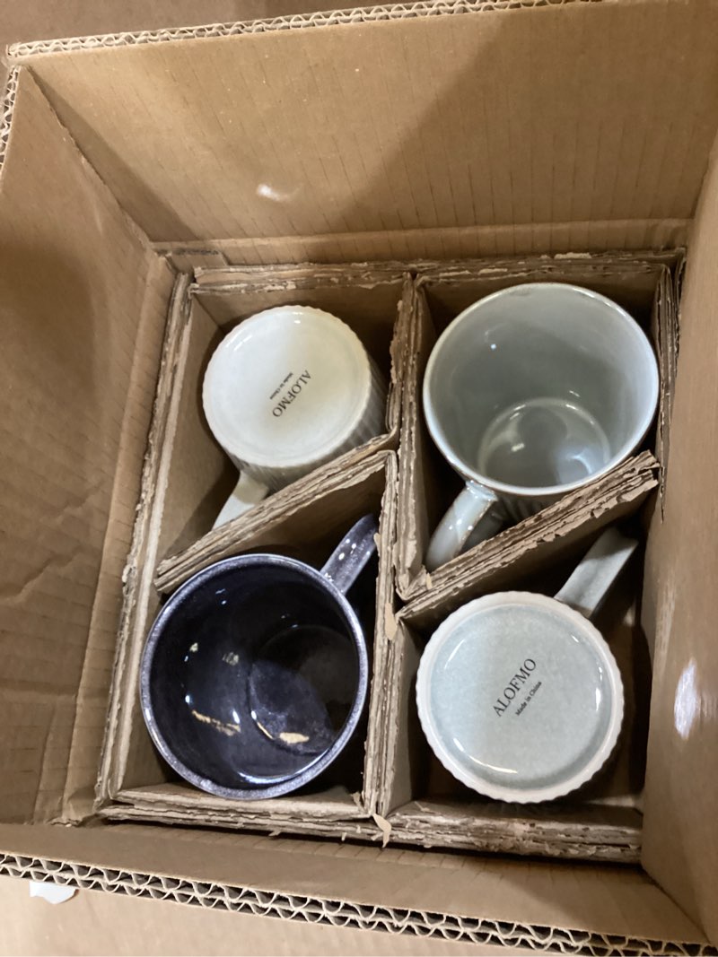Condition photo showing Good Condition for coffee mugs set of 4 modern striped stoneware coffee cups with handle, large ceramic gift set for women and men, dishwasher and microwave safe, 18oz for hot coffee, tea, cocoa, milk