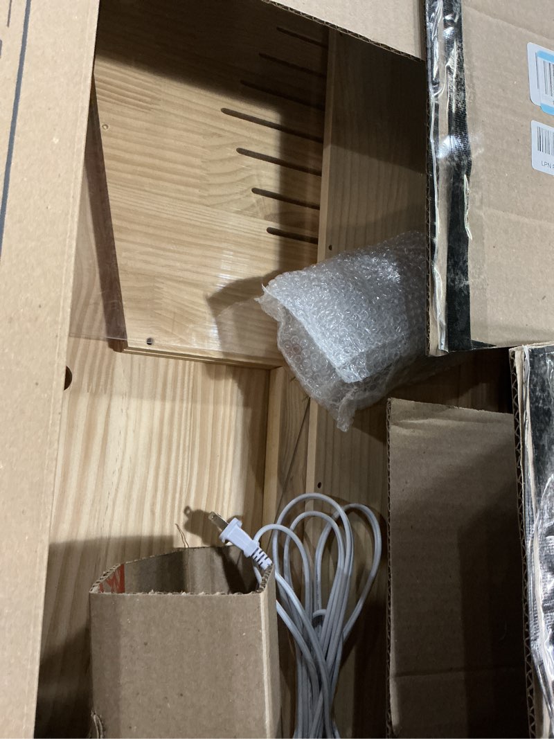 Condition photo showing As Is for large wooden chicken brooder box with bulb set and thermometer - brooder box for chicks indoor accommodates up to 12 chicks - ideal for chickens, ducks, quails, hamsters, and lizards?32x16x16 inches?