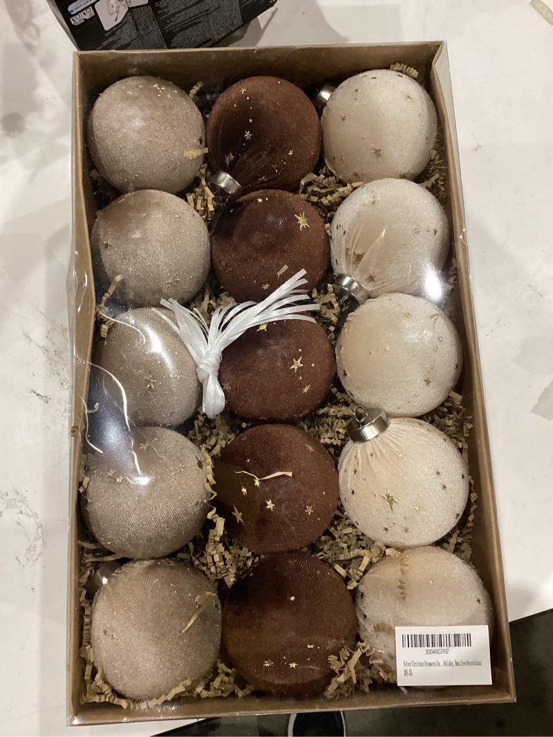 Condition photo showing New/Like New for 15 PCS Christmas Tree Ornaments Velvet Balls, 3.15 Inch Large Velvet Christmas Ball Ornaments Set Star, Shatterproof Plastic Hanging Bulbs for Xmas Tree Decorations - Multicolor Brown Neutral Beige With Star (Khaki & Brown & Beige)