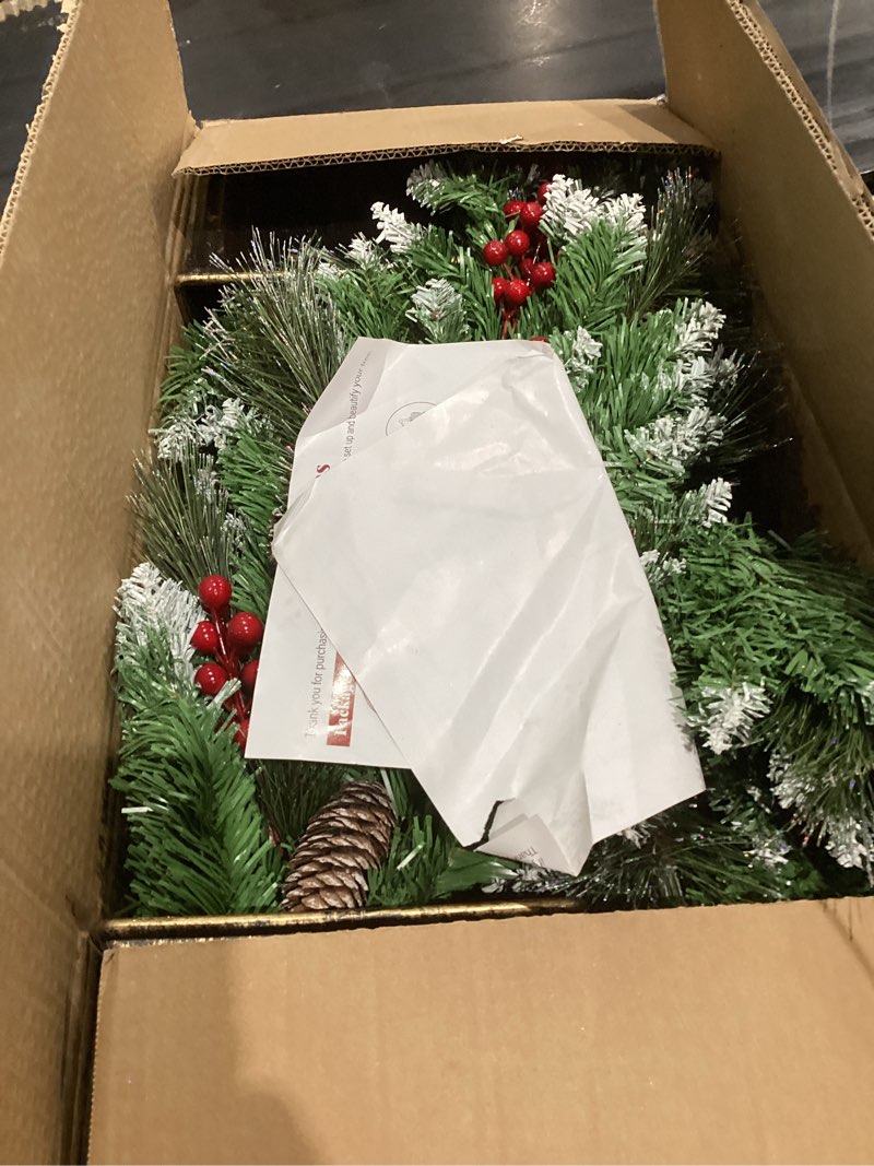 Condition photo showing As Is for 4FT Outdoor Christmas Tree with Lights in Vintage Potted Base, Battery Operated Xmas Tree with Snow-Touched Branches, 100 LED Warm Lights with Timer, Porch Entryway Holiday Decoration Snowy Glow Tree 2