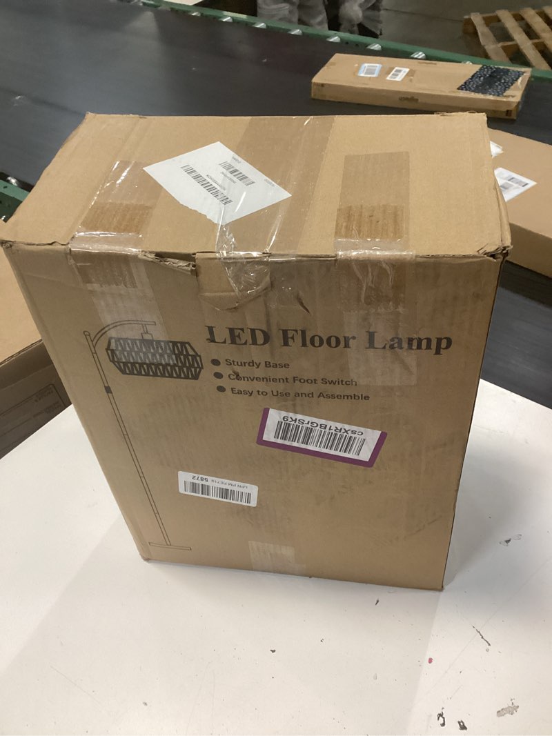 Condition photo showing New/Like New for rottogoon rattan floor lamps for living room, boho standing lamps with rattan& linen double shades, arc lamps floor standing with 9w bulb, foot switch, bohemian floor lamps for bedroom, office-black black + brown shade