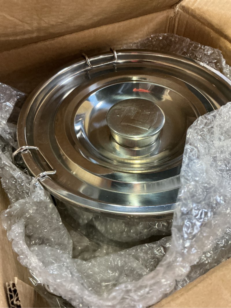 Condition photo showing New/Like New for 15 lbs stainless steel dog food storage container with scoop, large metal dog food bin with airtight lid & locking clamp, pet treat jars for dogs & cats, keep fresh, easy to clean