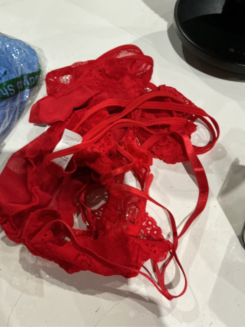Condition photo showing Good Condition for foxiny sexy mini skirt with thong floral lace sheer bralette lingerie set 3 piece otufits small bright red