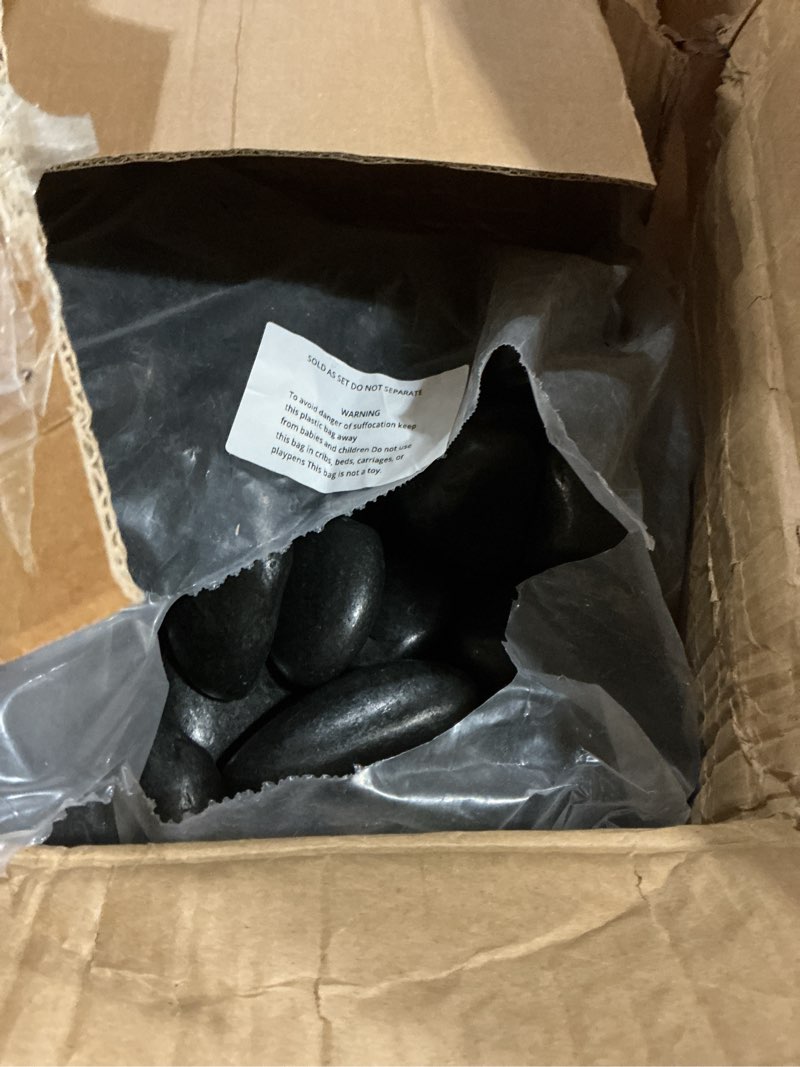 Condition photo showing New/Like New for 40 lbs black stones for plants indoor, 3-4 inch decorative river rocks for plants, flower pots, vase, polished garden stones for outdoor landscaping, walkways, yard 40.0 pounds black 3-4 inch