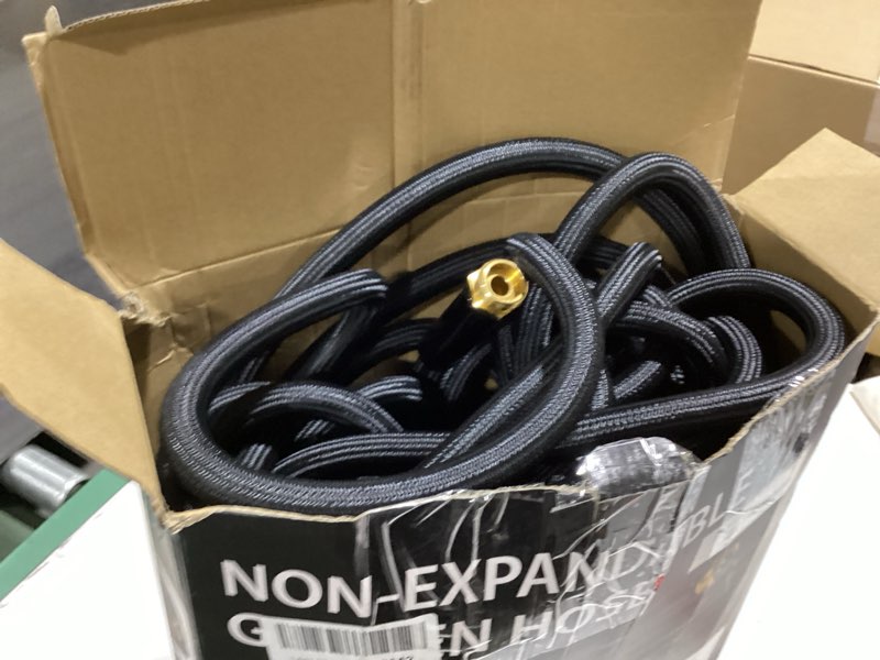 Condition photo showing As Is for garden hose 100ft non-expanding, lightweight hose with 10-function nozzle, leak-proof, no-knot, easy to carry, wear-resistant, sturdy 3/4ght flexible water hose for yard garden outdoor black 100ft