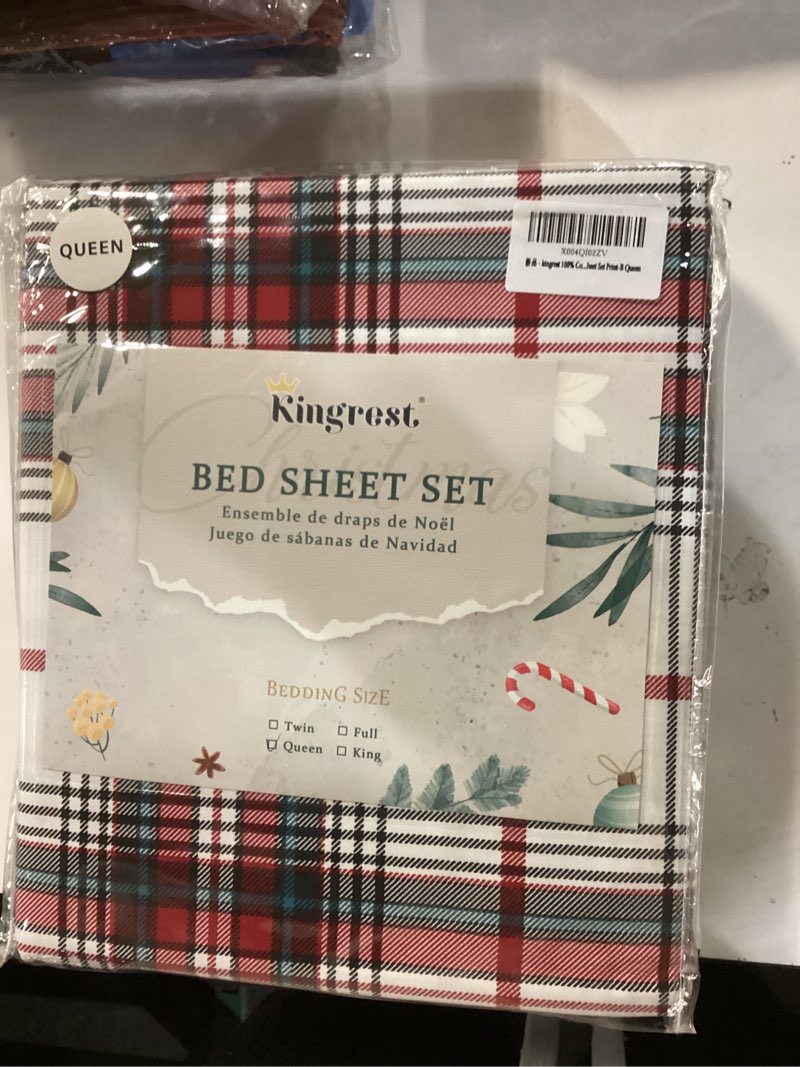 Condition photo showing New/Like New for kingrest 100% Cotton Twin Sheet Set - 4 Piece Lightweight & Cooling Bed Sheets, 16 Inch Deep Pocket, Breathable Percale Bedding, Soft & Durable Luxury Sheets (Classical Plaid) 1 - Christmas Classical Plaid Queen