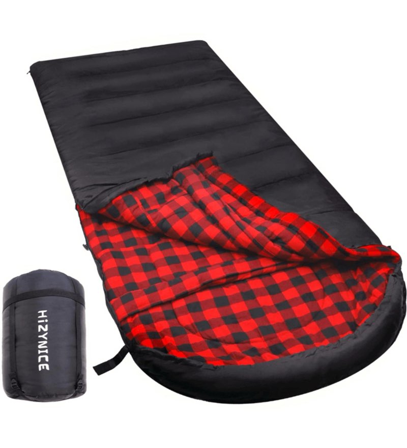 HiZYNICE 0 Degree Sleeping Bag 100% Cotton Flannel XXL for Adults Big and Tall Cold Weather Winter Zero Degree Camping,Free Compression Sack Black 90" x 39" Right Zip 