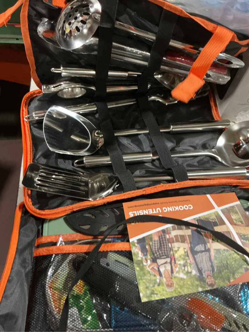 Condition photo showing Good Condition for gaialoop portable camping cooking utensils set, camp kitchen set with organizer bag, rv essentials outdoor cooking utensil kit for travel, picnics, camping, bbqs, parties