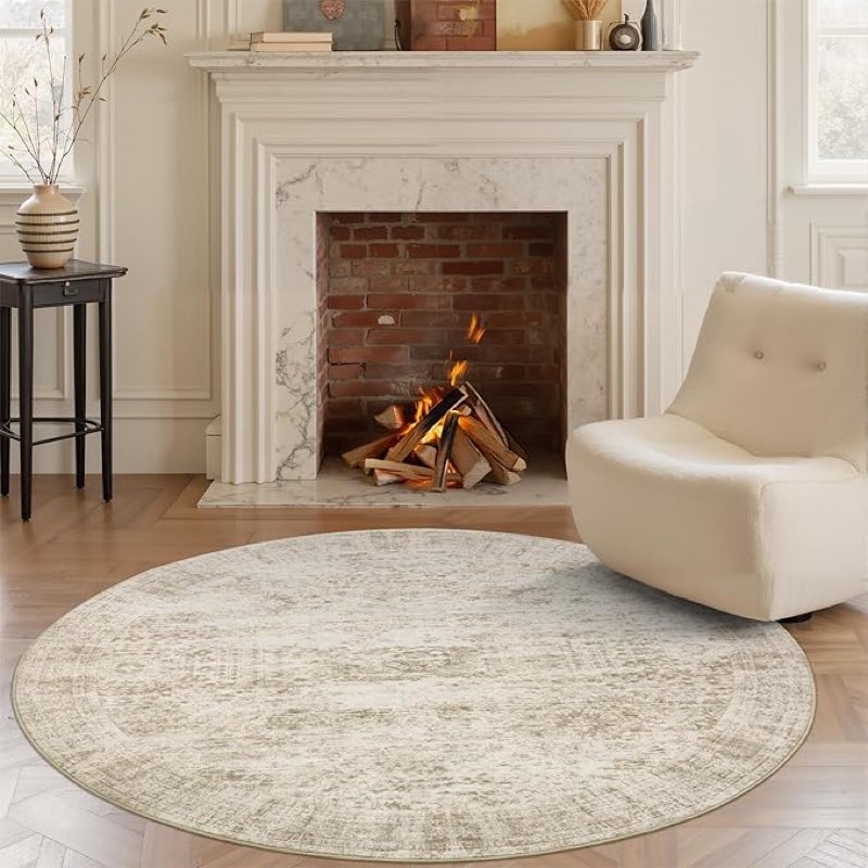 beige round rug 5ft living room rug vintage round area rug non slip indoor carpet for entryway dining room bedroom