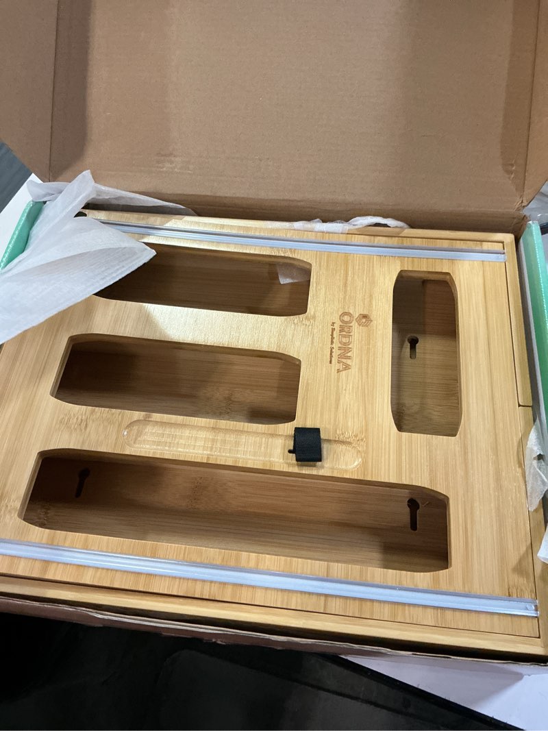 Condition photo showing Good Condition for 6 IN 1 Bag Organizer and Plastic Wrap Dispenser with Cutter for Kitchen Organization, Bamboo Food Storage Bag Organizer for Foil Plastic Saran Wrap Aluminum Baggie Quart Gallon Snack Sandwich