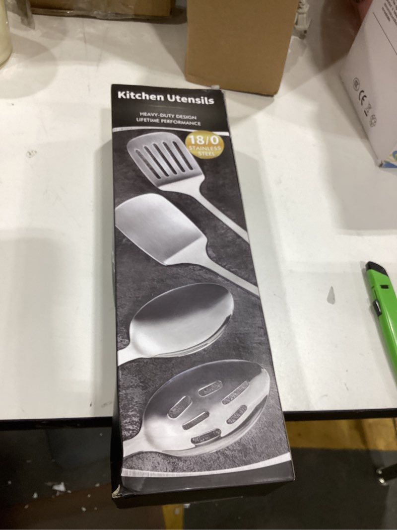 Condition photo showing Good Condition for 4 pcs cooking utensils set, stainless steel kitchen utensils, heat resistant metal kitchen tools include solid & slotted turner wok spatula, serving spoon, ergonomic handle, easy to clean, silver