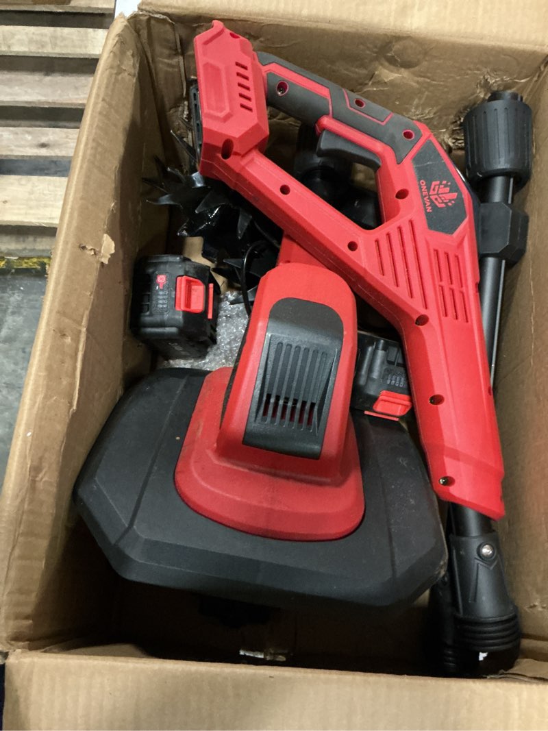 Condition photo showing As Is for cordless tiller cultivator, 360rpm electric garden tiller with 2×3.0ah batteries & 1.5a fast charger, battery powered garden cultivator, 9.5in tilling width & 6.7in depth garden rototiller