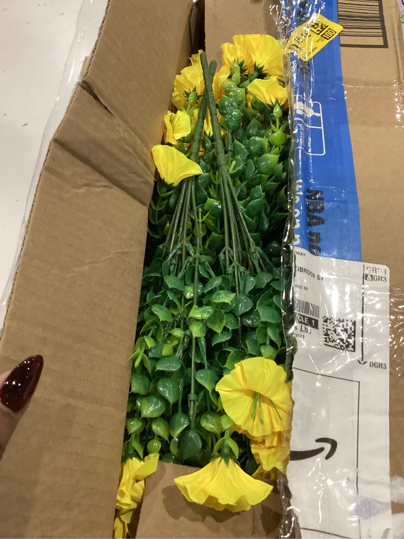 Condition photo showing Good Condition for artificial flowers for outdoors fake flowers plants for spring summer decor, 12 bundles silk morning glory with eucalyptus look real uv resistant yellow faux flowers for outside planters yard patio