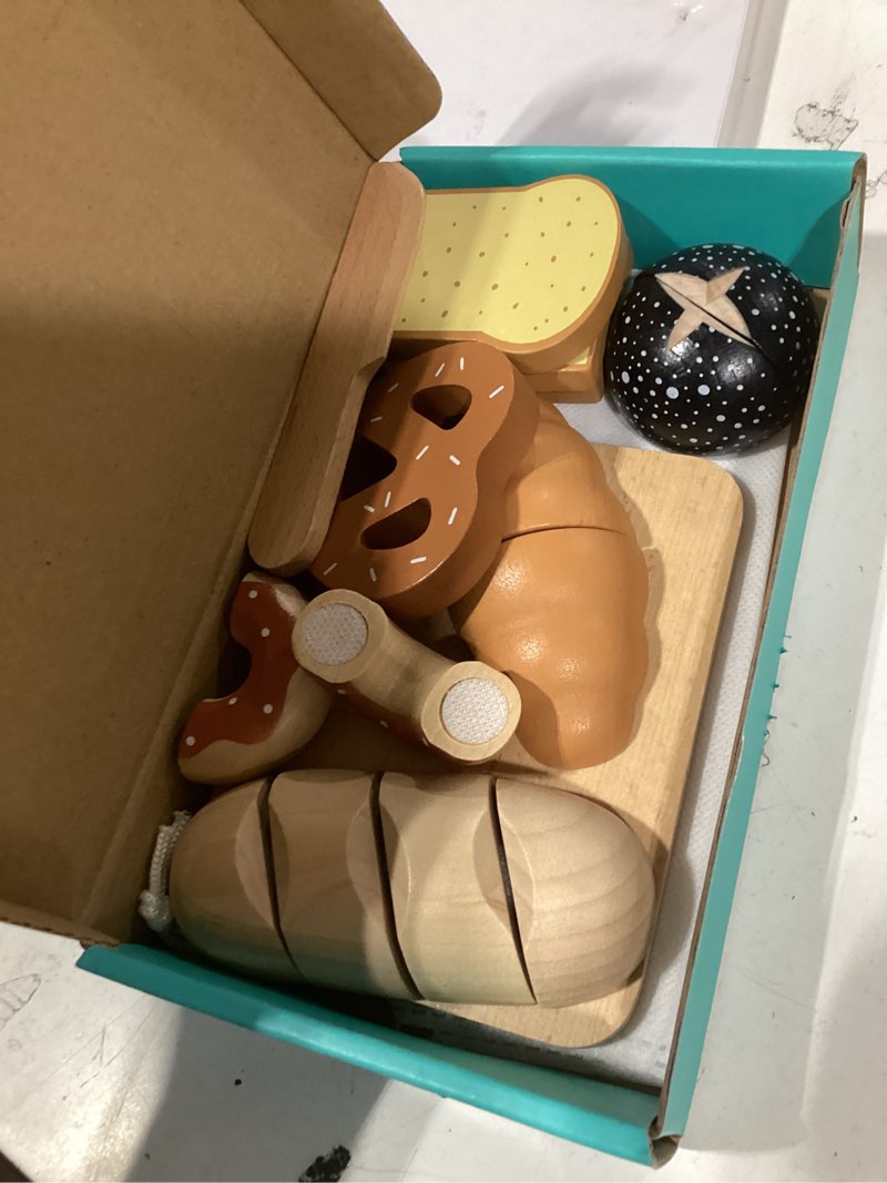 Condition photo showing Good Condition for wooden food for play kitchen 18 pcs play food set for kids kitchen play kitchen food with storage bag wooden bakery pretend food toy for birthday gift