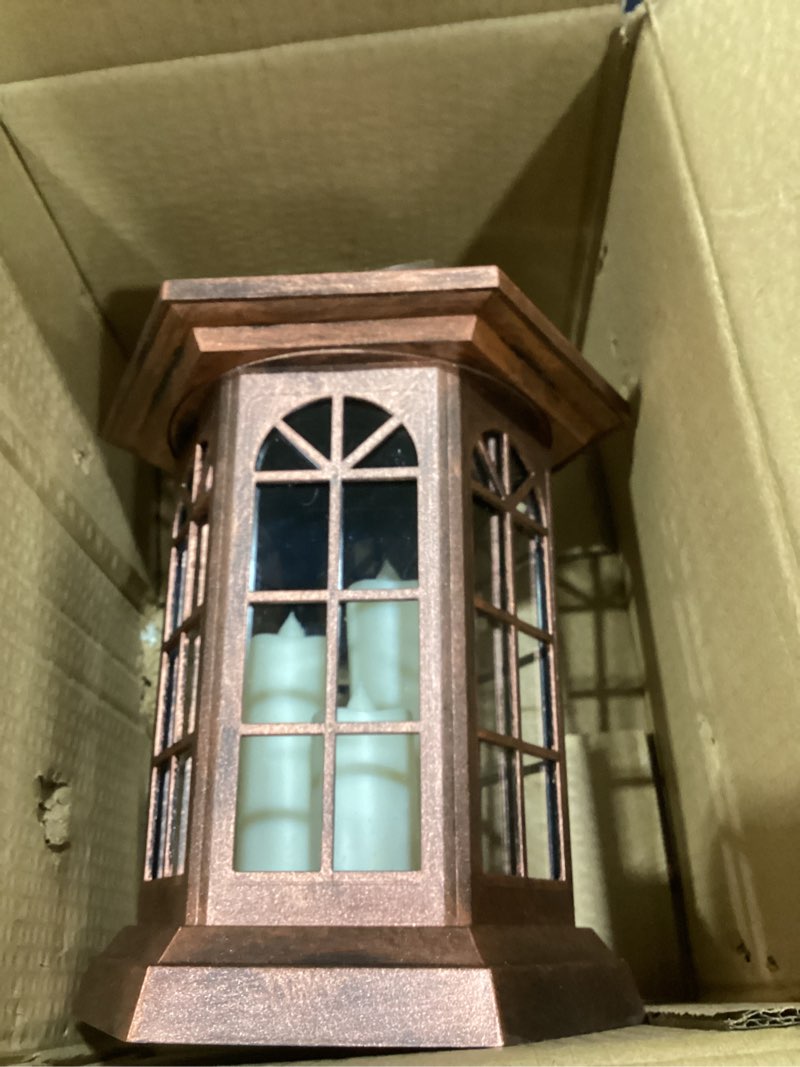 Condition photo showing As Is for solar outdoor waterproof hanging lantern, yard decorative solar lights pvc upgrade 3 led flickering flameless candle decorative lights for garden(garden candle)