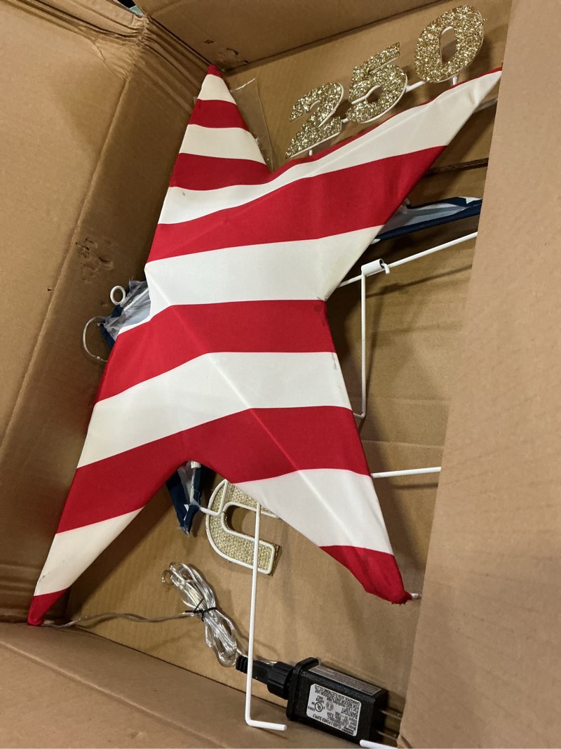 Condition photo showing As Is for 4th of july decorations light, usa 250 lighted patriotic star with 38 lights, american flag yard decoration for garden, lawn, porch, red white and blue independence day decor