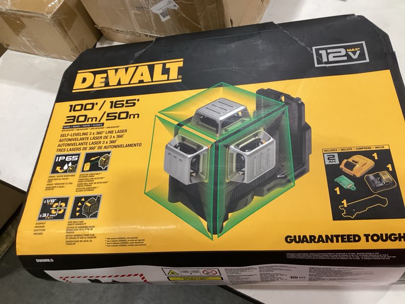 Condition photo showing New/Like New for dewalt 12v max laser level, line laser, 3 x 360, green (dw089lg) (b017ltfssg)