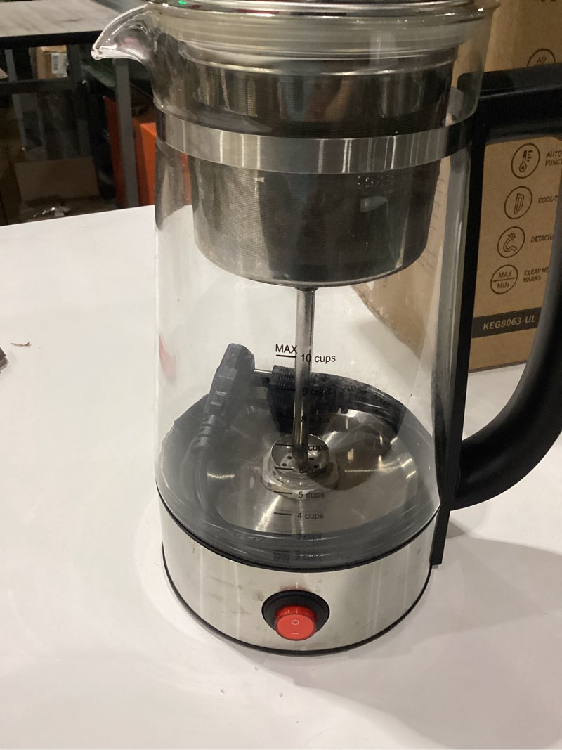 Condition photo showing As Is for used not tested percolator coffee pot electric, 10-cup electric coffee percolator with auto keep warm, stainless steel basket, borosilicate glass, cool-touch handle