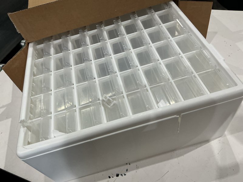 Condition photo showing As Is for akro-mils 64-drawer plastic drawer storage cabinet for garage organization, bead organizer, building bricks storage, teacher toolbox, makeup organizer, 20" w x 6" d x 16" h, 10164 white | plastic cabinet w/ drawers for garage organization, beads, building bricks storage, teacher toolbox, makeup organizer, 10164 white 64 drawer 1 pack