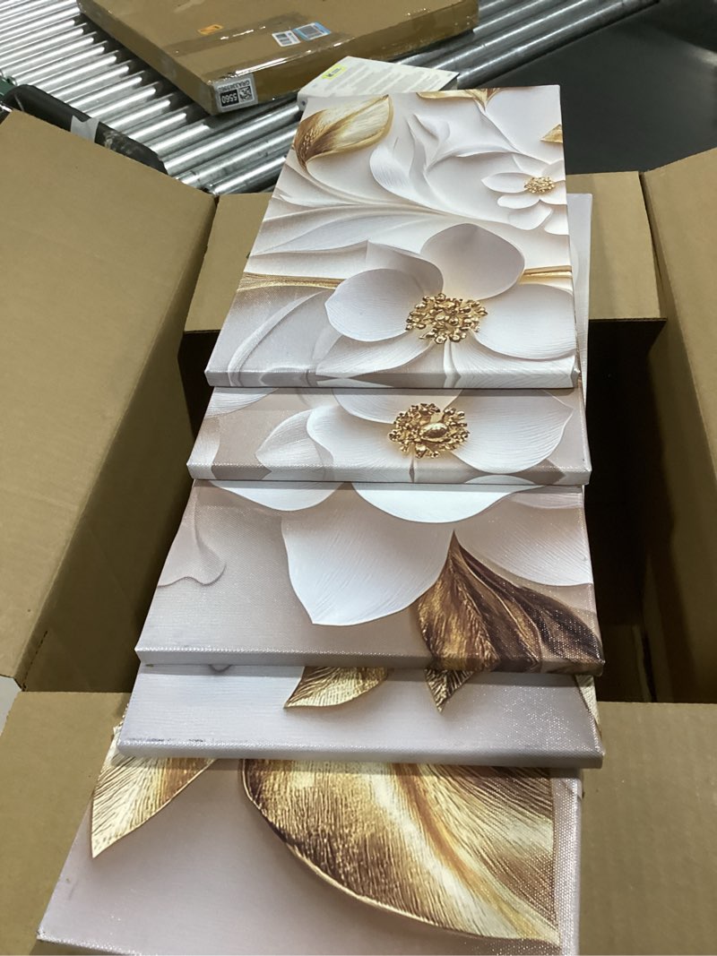 Condition photo showing Good Condition for CXHOSTENT Luxury White and Gold Floral 3D Wall Art 5 Pieces Flower Picture Canvas Prints Abstract Elegant White Floral Painting for Home Decor Framed (White, 8x14inx2 8x18inx2 8x22inx1) White 8x14inx2 8x18inx2 8x22inx1