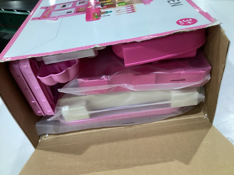 Condition photo showing Good Condition for 36 in Kids Kitchen Playset for Ages 2-6 4-8, Play Kitchen with Light, Sound and Spraying, Sink Toy Accessories, Cooking Stoves, Pretend Food Toys for Toddlers 1-3 3-5 Boys Girls 6-12 (Pink) Kitchen Toy with Play Food