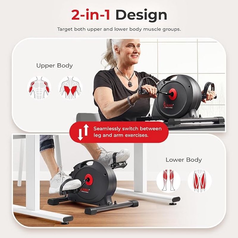 sunny health & fitness smart under-desk bike exerciser, low-impact cardio cycling equipment for home/office, mini paddler for arm/leg mobility training, free sunnyfit app