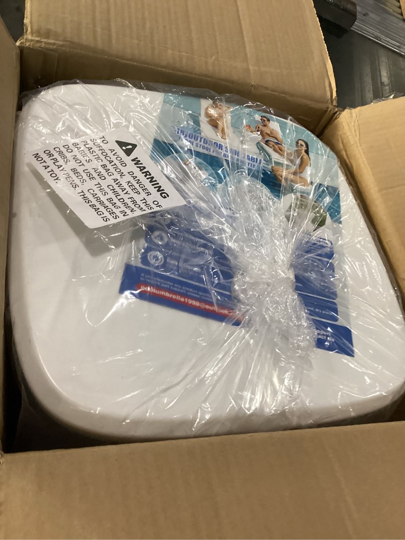 Condition photo showing New/Like New for outdoor side table, 18" polyethylene poolside table, white | pre-weighted design prevents floating, adjustable rubber feet protect vinyl liners, ideal for pools, decks & patios