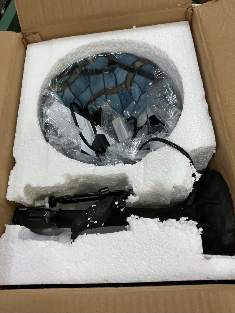Condition photo showing Good Condition for stained glass raven lamp table light with handcrafted lampshade - vintage spooky small crow lamp for bedside bedroom living room goth gifts home decoration(8wx14.5h,branch) 8wx14.5h branch