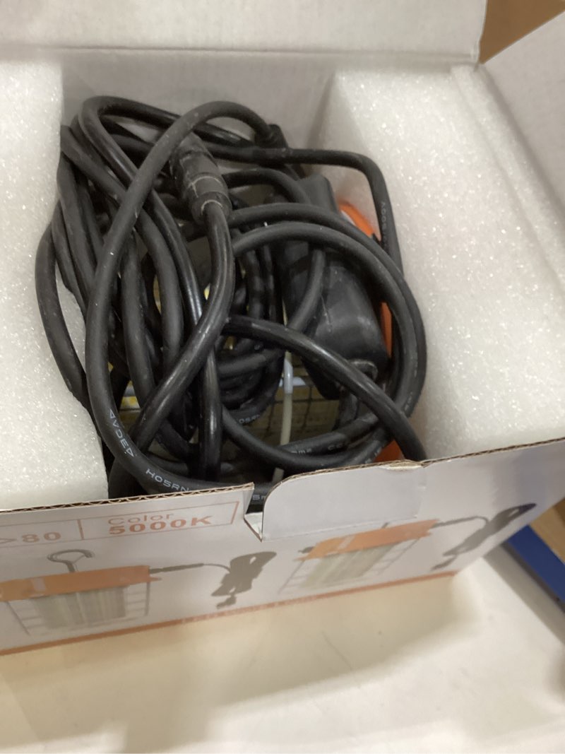 Condition photo showing As Is for 80W LED Temporary Work Light 12000Lm 5000K Construction Lights Led Work Light IP67 Dust Waterproof Portable Lights with Stainless Steel Guard Hook for Mine Wharf Job Site Garage Factory Lighting