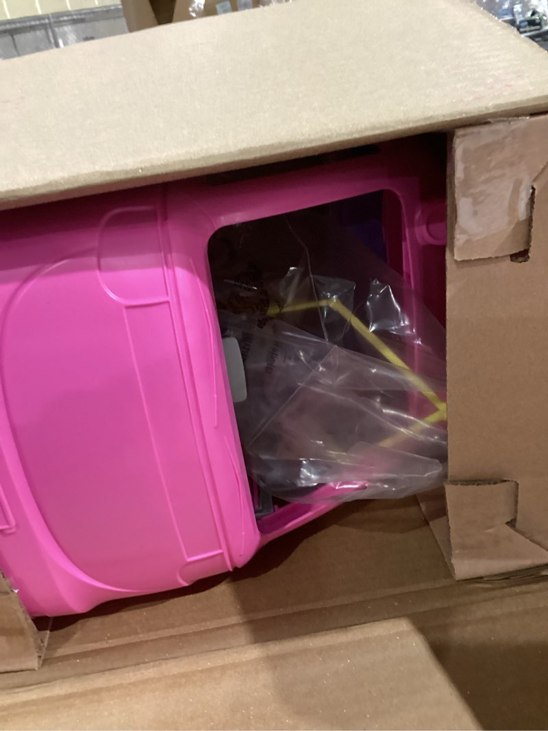 Condition photo showing item condition for barbie dream camper new for 2025 playset with roof tent, swing chair, fishing pond, bbq grill with color-change feature & 60+ accessories including dough