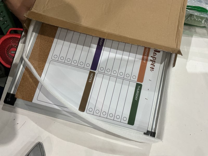 Condition photo showing Good Condition for marsrock weekly dry erase board and cork board combo for wall, 17"x13" reversible hanging dry erase board, double sided white board with aluminum frame for planning, office, kitchen, school, home multicolor
