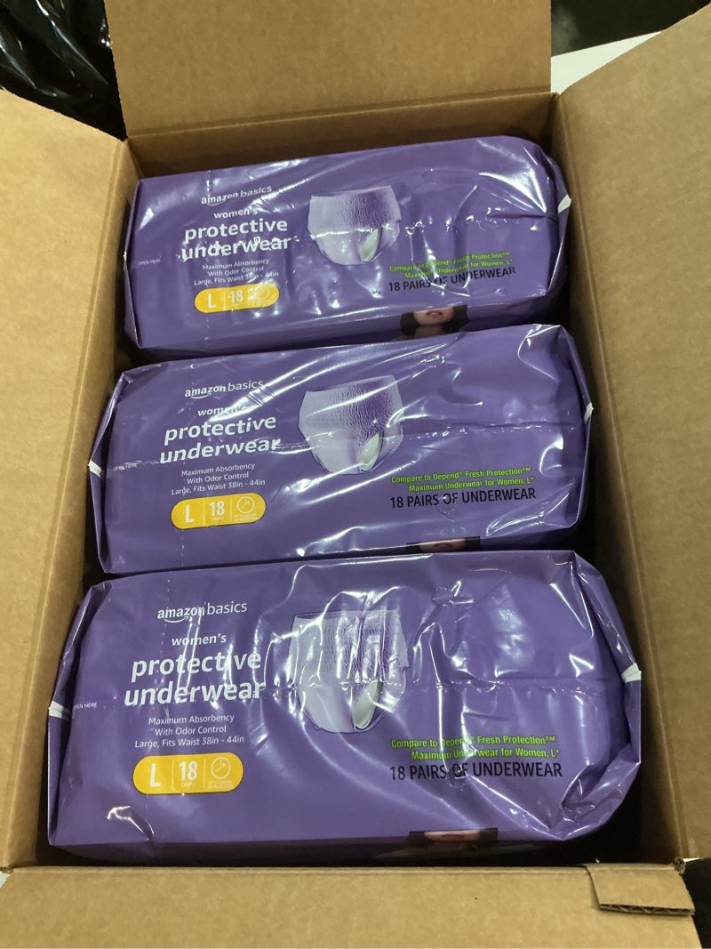 Condition photo showing New/Like New for amazon basics incontinence underwear for women, protective, disposable, postpartum, maximum absorbency, large, lavender, 54 count (3 packs of 18) large 54.0