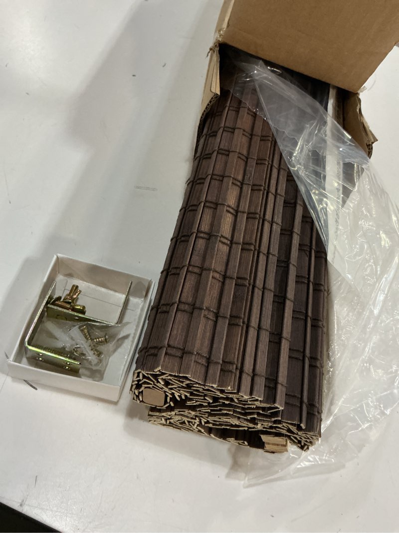 Condition photo showing Good Condition for lazblinds cordless bamboo roman shades, privacy blinds for interior windows, room darkening roll up bamboo blinds for home & patio, 31.5" w x 64" h, highfield teak pricacy - highfield teak 31 1/2" w x 64" h