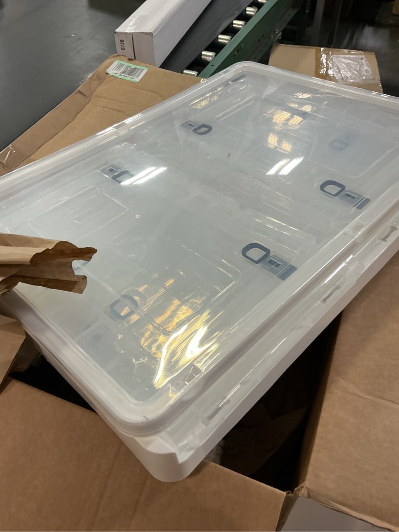 Condition photo showing As Is for Clear Stackable Storage Bins, Plastic Storage Bin with Wheels & 5 Sides Opening, Large Plastic Containers for Pantry Organizer and Storage, Cabinets, Pantry, Home Organization