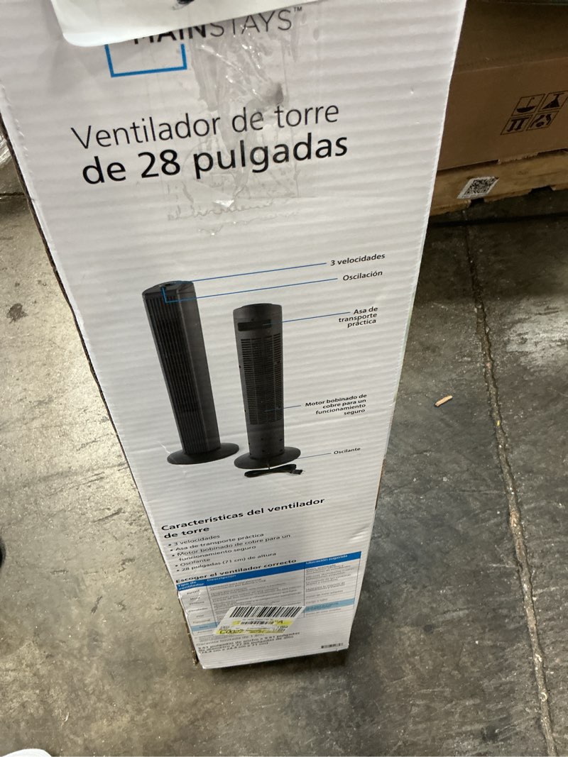 Condition photo showing As Is for mainstays 28-inch tower fan with 3-speed settings and oscillation  black