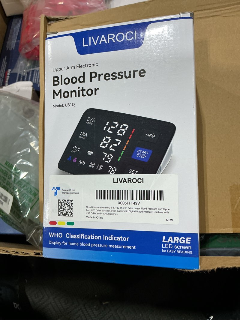 Condition photo showing New/Like New for blood pressure monitor, 9-17'' & 13-21'' extra large blood pressure cuff upper arm, led color backlit screen automatic digital blood pressure machine with usb cable and 4 aaa batteries