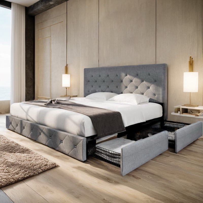 King Upholstered Bed Frame with 4 Drawers Storage and Headboard