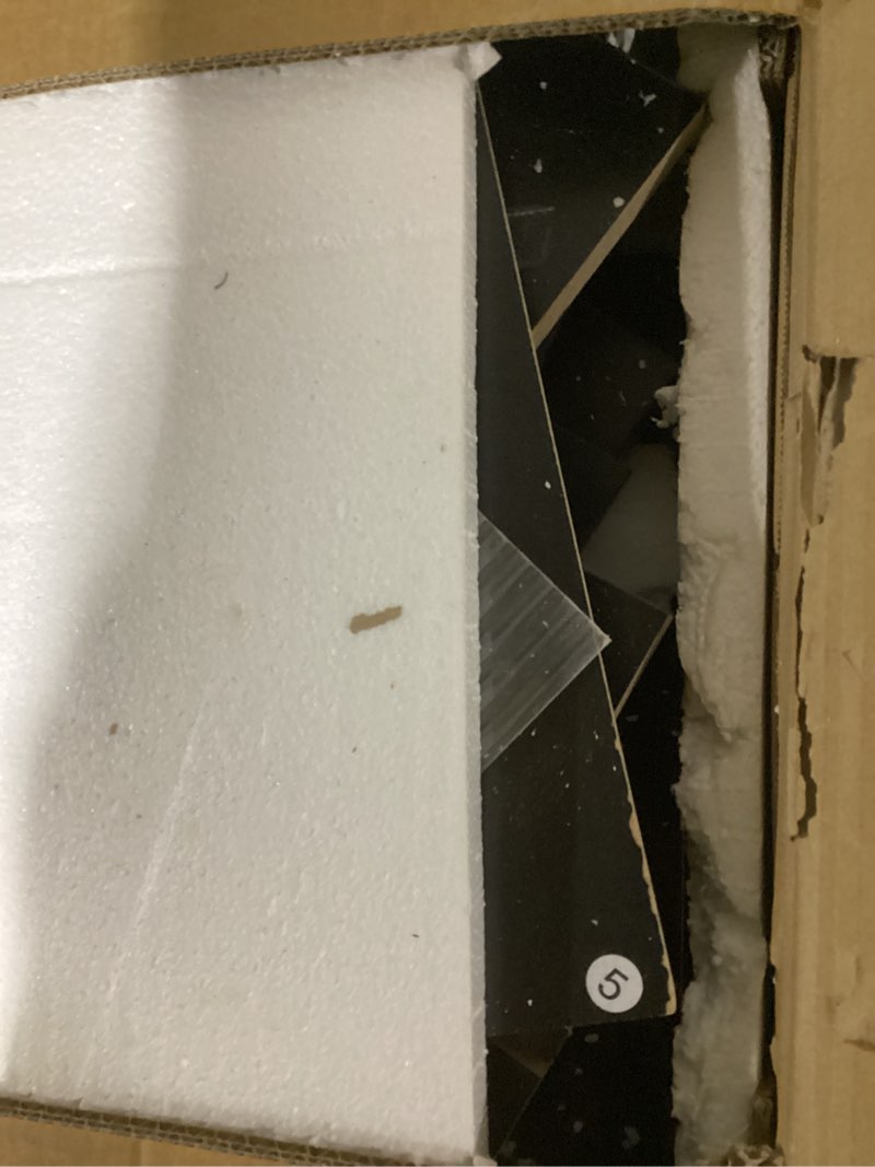 Condition photo showing As Is for 47.24" Big Modern Vanity Desk with Mirror and Lights,Makeup Vanity Desk with 5 Drawers and Storage Shelves & Power Outlet,Dressing Table with Glass Top, Black