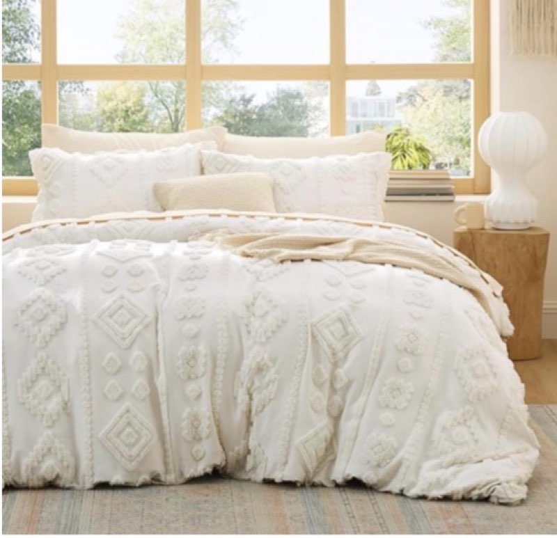bedsure boho duvet cover queen size - white tufted boho bedding, farmhouse shabby chic embroidery bedding for all seasons, 3 pieces, 1 soft jacquard queen comforter cover and 2 pillow shams