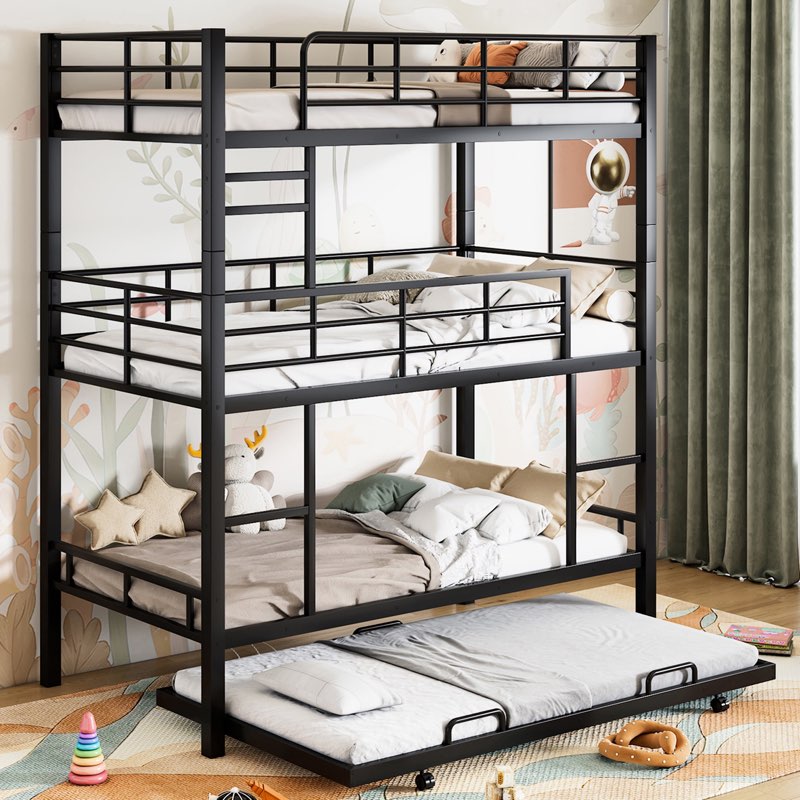 Triple Bunk Bed With Trundle, Black Metal - Strong And Stable Frame Construction Comfort