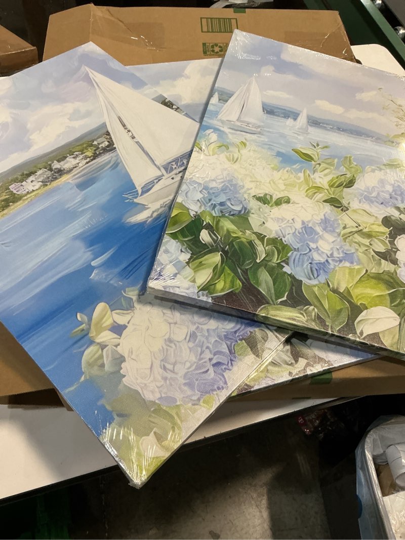 Condition photo showing New/Like New for Vintage Floral Blue Coastal Wall Art Sailboat & Hydrangea Pictures Wall Decor Grandmillenial Nautica 