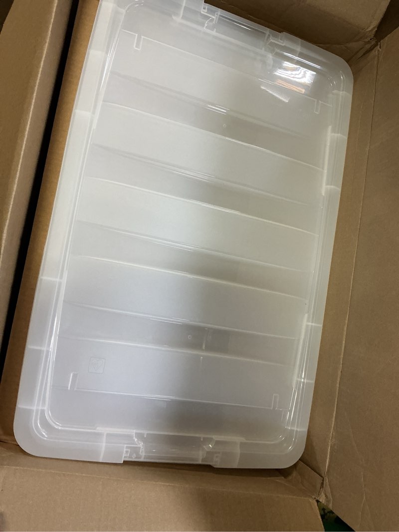 Condition photo showing New/Like New for iris usa 4-pack 72 quart storage bins with lids, clear | transparent design makes contents easy to find. perfect for moving, blankets, clothing, and garage storage. nestable design clear 72 qt 4 pack