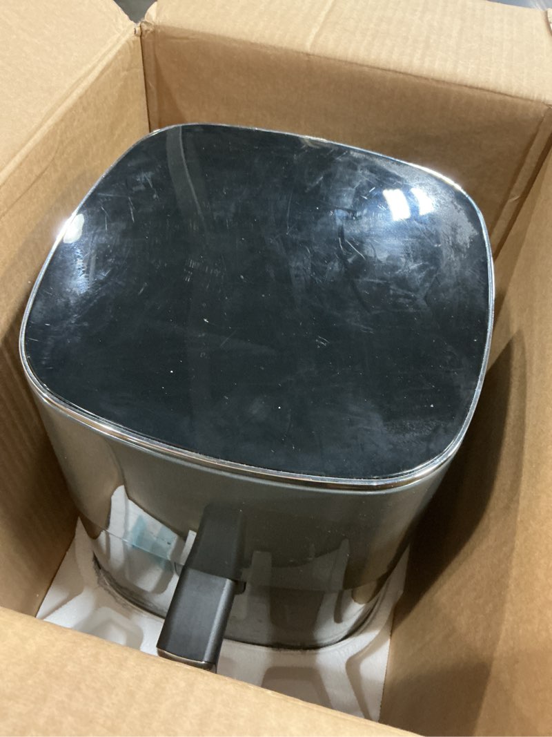 Condition photo showing As Is for Simple Deluxe 12-in-1 Air Fryer 6.34 Qt, Digital Preset Airfryer with Visible Window, Nonstick and Dishwasher-Safe Basket, Air Fry, Roast, Bake, Dehydrate, Fries, 1700W, Gary Gray-New