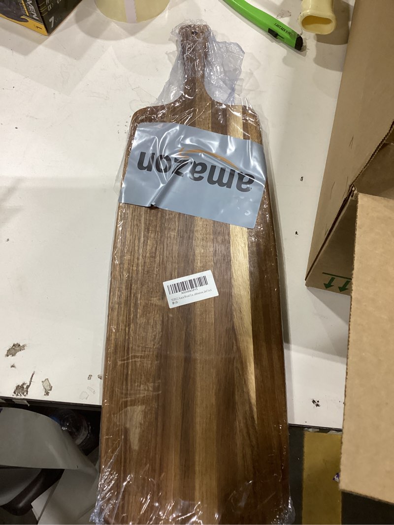 Condition photo showing New/Like New for Acacia Wood Cutting Board and Large Charcuterie Board with Handle - Long Serving Board for Veggies, Bread, Cheese Board, Appetizers, and Picnic Celebrations, 24x7 Inch 24"L x 7"W
